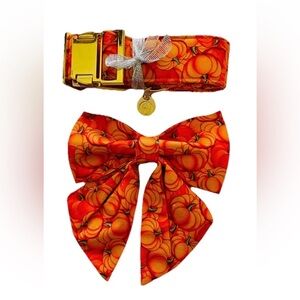 New Dog Bow Tie & Matching Collar Set Fall Pumpkin Print 🍄 Med - Large